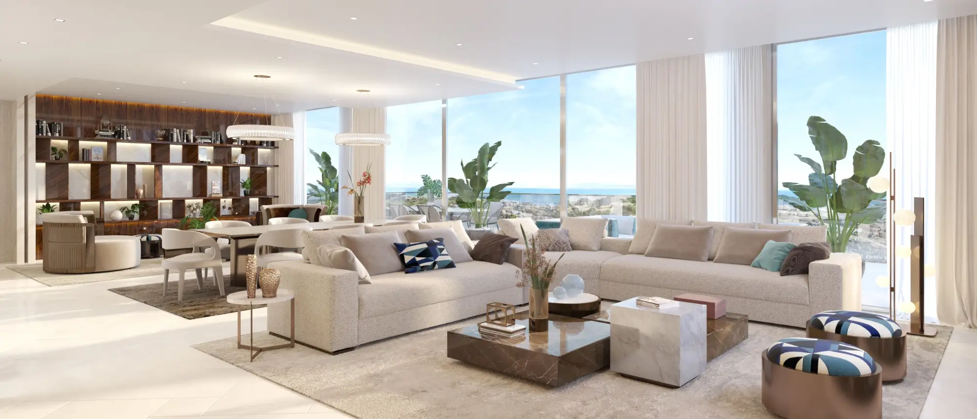 Sprawling open-plan contemporary living room at Epic by Fendi Casa Marbella featuring floor-to-ceiling windows with panoramic sea views