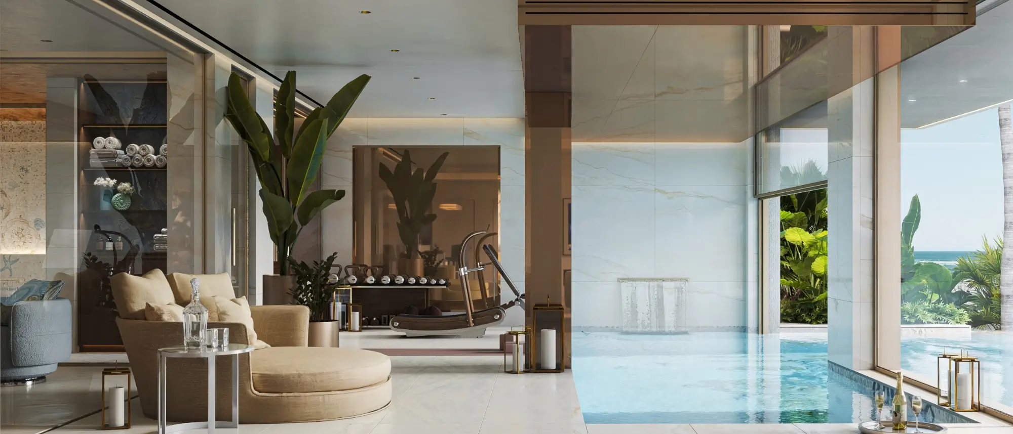 Sumptuous indoor fitness suite and private thermal wellness pool area inside an Ocho de Oro by Versace Home villa