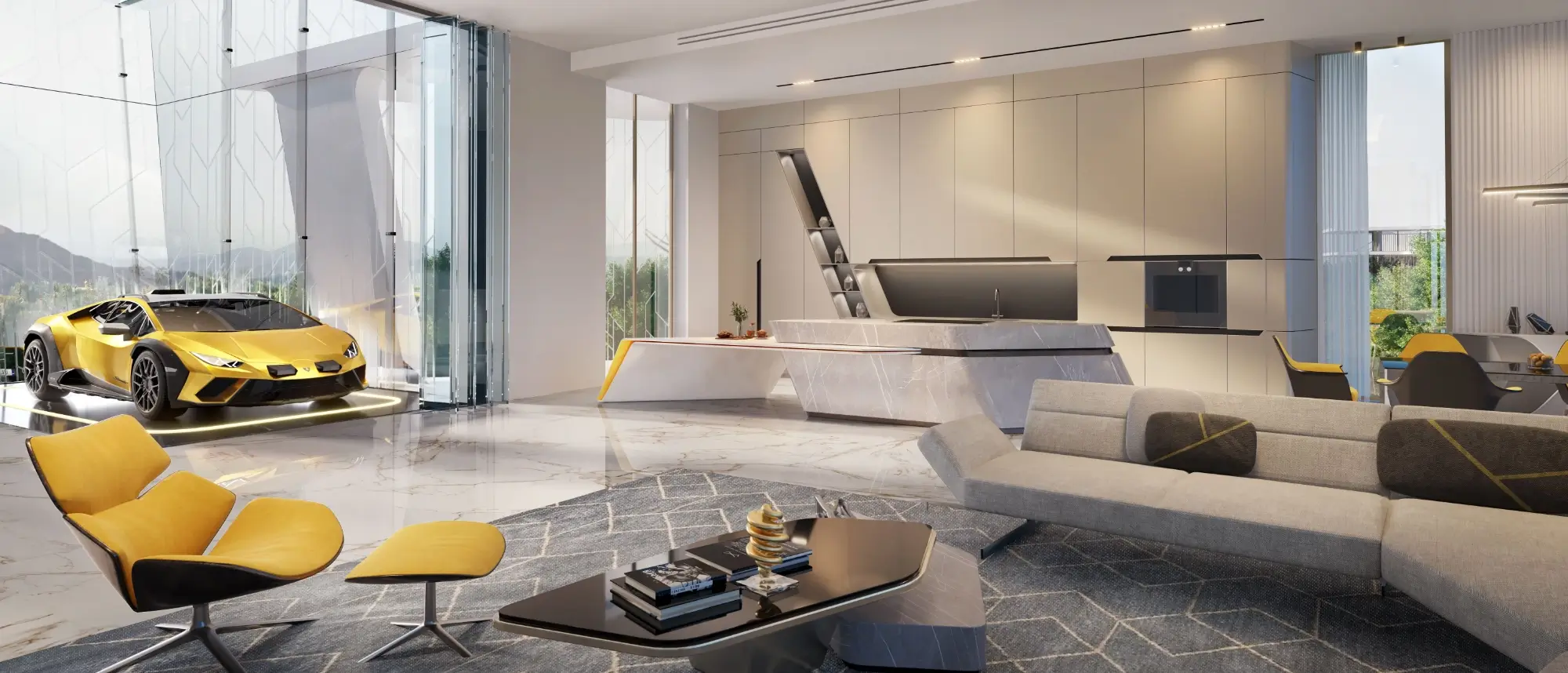 Futuristic open-plan living room and kitchen at Tierra Viva by Lamborghini showing an integrated indoor glass vehicle presentation lounge